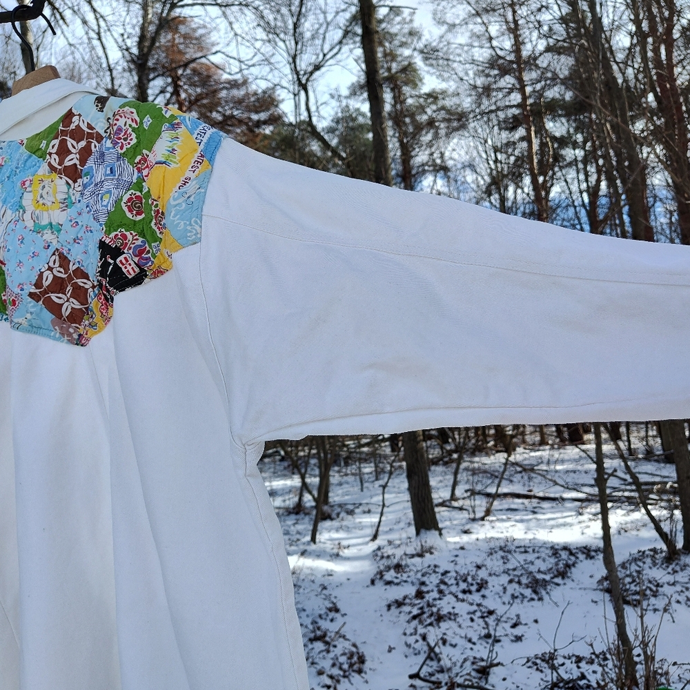 White Quilted Duster Jacket Upcycled Patchwork KAS Originals 80s Cotton One Size - Picture 16 of 16